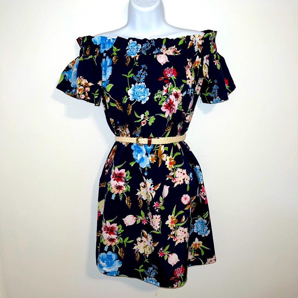 Floral Print Navy Blue Dress (Off the Shoulder or On)